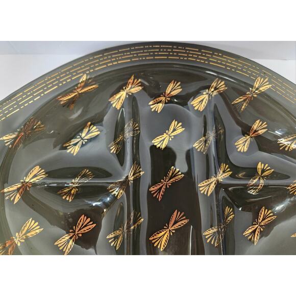 Vintage Black Divided Glass Tray with Gold Dragonfly Design – Mid Century Modern - Picture 2 of 5